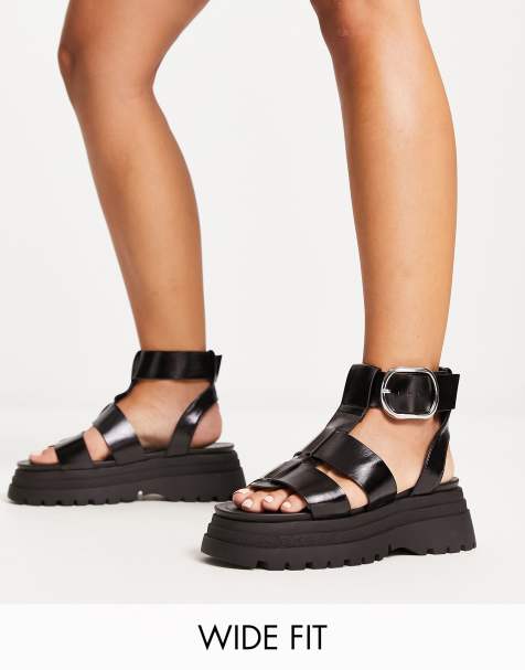 ASOS DESIGN Wide Fit Factor buckle hardware fisherman flat sandals in black - view 1