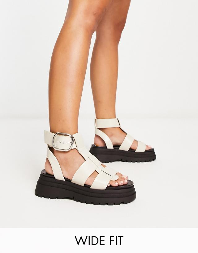 ASOS DESIGN Wide Fit Factor buckle hardware fisherman flat sandals in off-white - WHITE