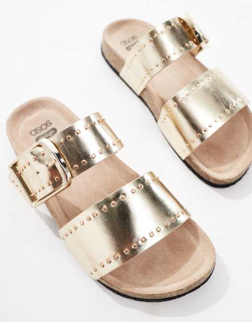 ASOS DESIGN Wide Fit Fallon studded footbed sandals in gold