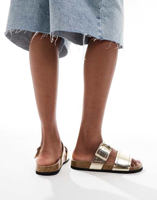 ASOS DESIGN Wide Fit Fallon studded footbed sandals in gold