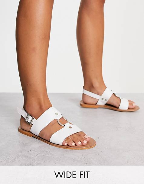 ASOS DESIGN Wide Fit Fancy leather ring and stud detail flat sandal in off white