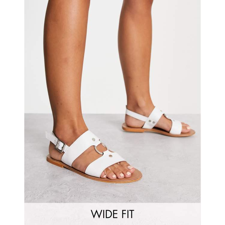 ASOS DESIGN Wide Fit Fancy leather ring and stud detail flat sandal in off white ASOS