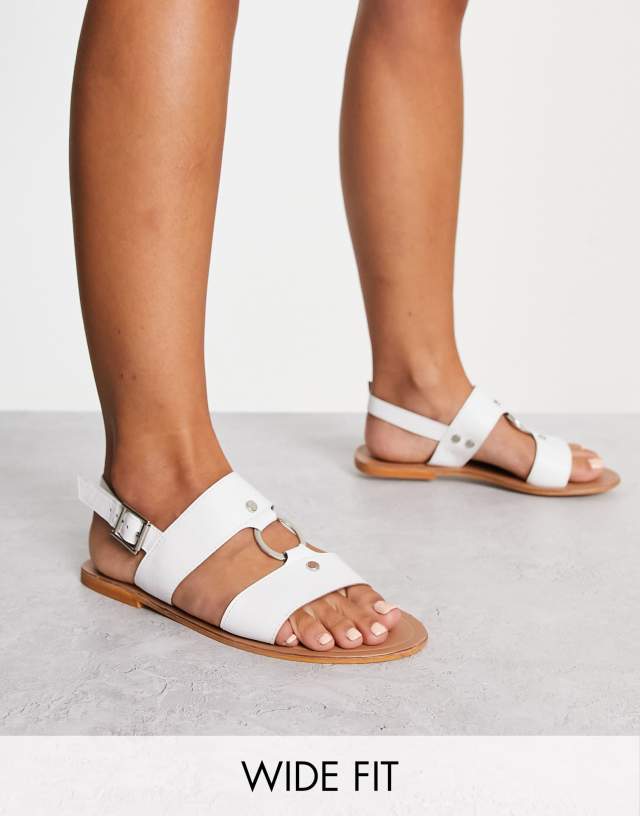 ASOS DESIGN Wide Fit Fancy leather ring and stud detail flat sandal in off white