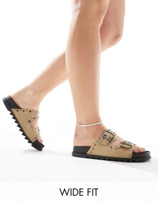 Asos Design Wide Fit Fantasy Studded Flat Sandal In Taupe-neutral