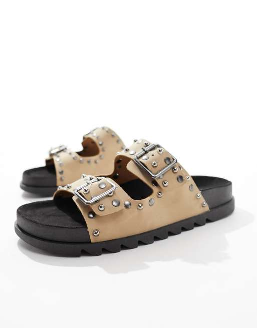 ASOS DESIGN Wide Fit Fantasy studded flat sandal in taupe, 2 of 4