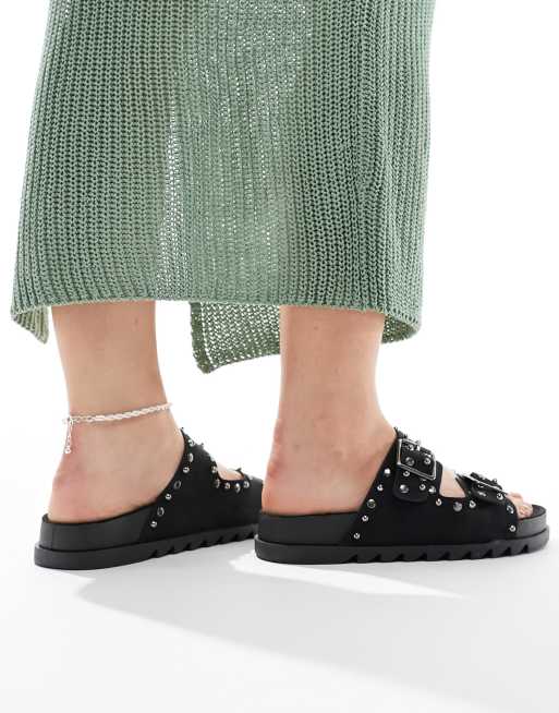 ASOS DESIGN Wide Fit Fantasy studded flat sandals in black, 3 of 4