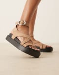 [Asos Design Wide Fit] ASOS DESIGN Wide Fit Farrah cross strap footbed sandals in sand suedette-Neutral 9 Sand