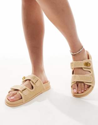 Asos Design Wide Fit Fawn Footbed Slides With Twist Lock In Neutral