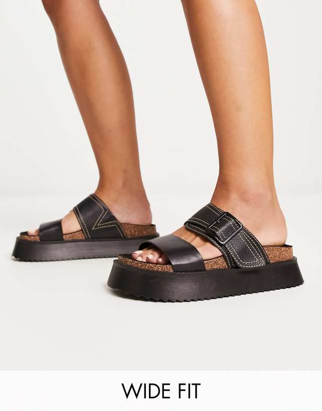 ASOS DESIGN Wide Fit Fearless double strap flat sandals in black - BLACK