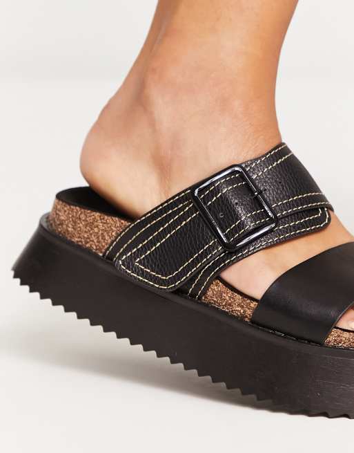 Black Wide Fit Real Leather Strap Mule Sandals