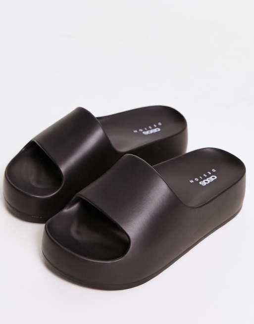 Black Rubberised Ribbed Sole Sliders, Shoes