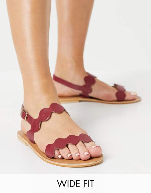 ASOS DESIGN Wide Fit Feedback leather flat sandals in burgundy