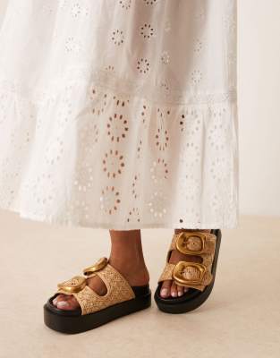 Asos Design Wide Fit Femi Oversized Buckle Footbed Mules In Gold