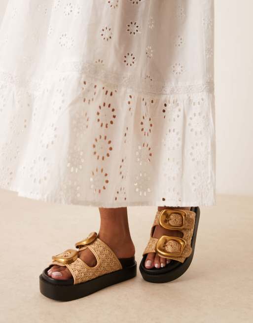 ASOS DESIGN Wide Fit Femi oversized buckle footbed mules in natural