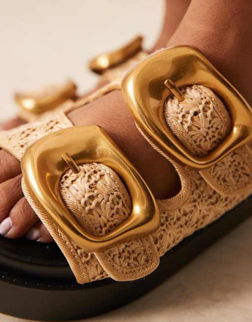 ASOS DESIGN Wide Fit Femi oversized buckle footbed mules in natural