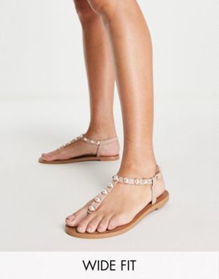 Asos Design Wide Fit Fenella Pearl Embellished Flat Sandals In Beige-neutral