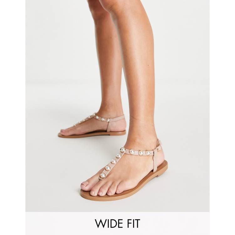 Wide Fit White Leather-Look Buckle Toe Post Sandals