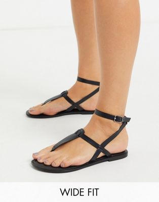 ASOS DESIGN Wide Fit Fennel leather toe post sandal in black | ASOS