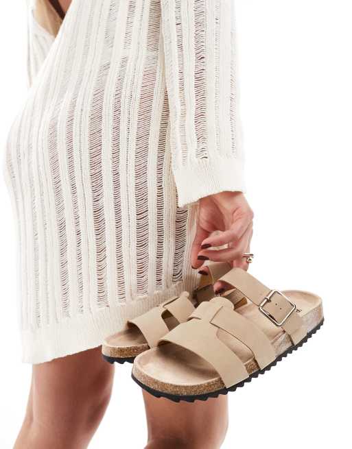 ASOS DESIGN Wide Fit Field Flache Mules in Beige