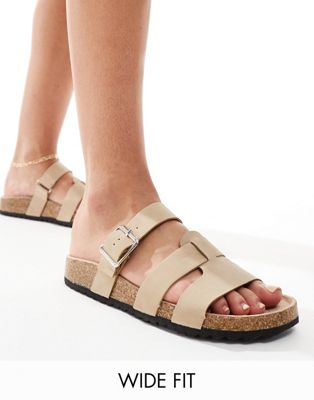 Asos Design Wide Fit Field Mule Flat Sandals In Beige-neutral