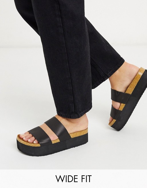 ASOS DESIGN Wide Fit Fiery chunky double strap mule sandals in black | ASOS