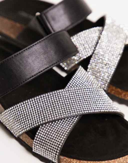 Diamante Buckle Sliders Silver