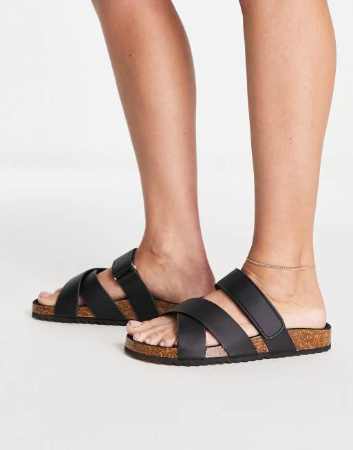 ASOS DESIGN Wide Fit Fiery double cross-strap flat sandals in black