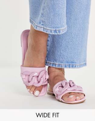 ASOS DESIGN Wide Fit Fife flat mules with chain in pink - ASOS Price Checker