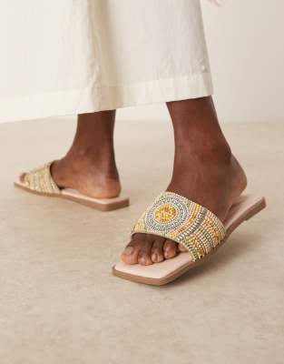 Asos Design Wide Fit Fig Square Toe Flat Mule Sandals With Beads