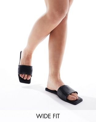 Asos Design Wide Fit Fig Square Toe Flat Sandals In Black