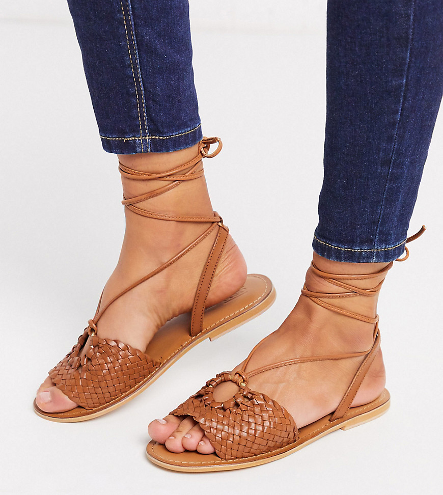 ASOS DESIGN Wide Fit Figtree woven leather tie leg sandal in tan