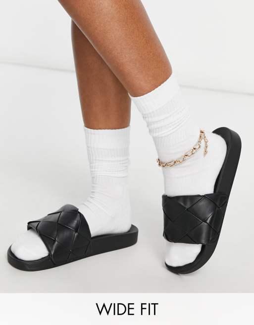 ASOS DESIGN Wide Fit Finley woven sliders in black