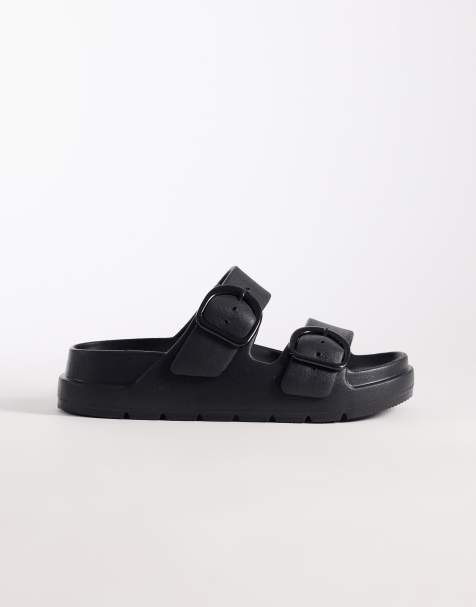 ASOS DESIGN Wide Fit Finn flatform double buckle slides in black - view 1