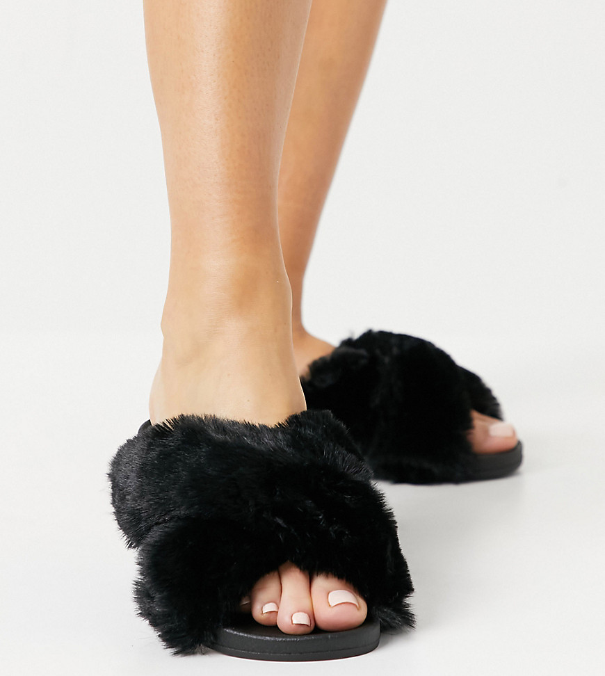 ASOS DESIGN Wide Fit Fiona fluffy crossover sliders in black