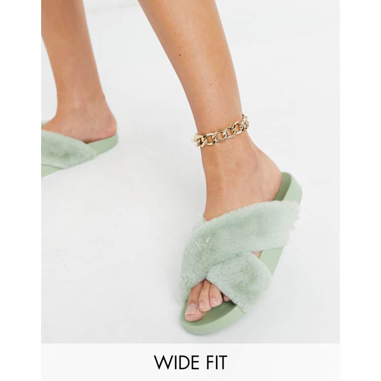 ASOS DESIGN Wide Fit Fiona fluffy crossover sliders in sage green