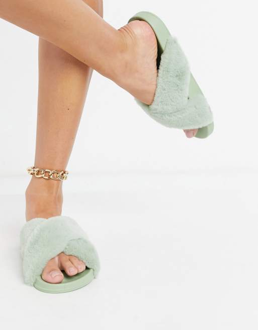 ASOS DESIGN Wide Fit Fiona fluffy crossover sliders in sage green