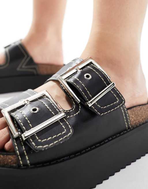 ASOS DESIGN Wide Fit – Firecracker – Czarne, płaskie sandały z wkładką i dwoma paskami, 2 z 4