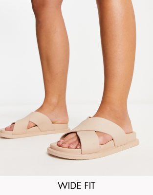 ASOS DESIGN Wide Fit Fixation cross strap jelly flat sandals in beige-Neutral