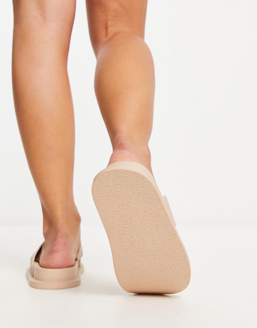 ASOS DESIGN Wide Fit Fixation cross strap jelly flat sandals in beige , 2 of 4