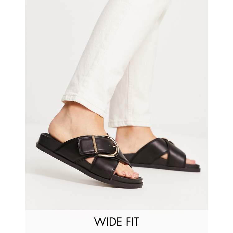 ASOS DESIGN Wide Fit Flash buckle cross-vamp flat sandals in black