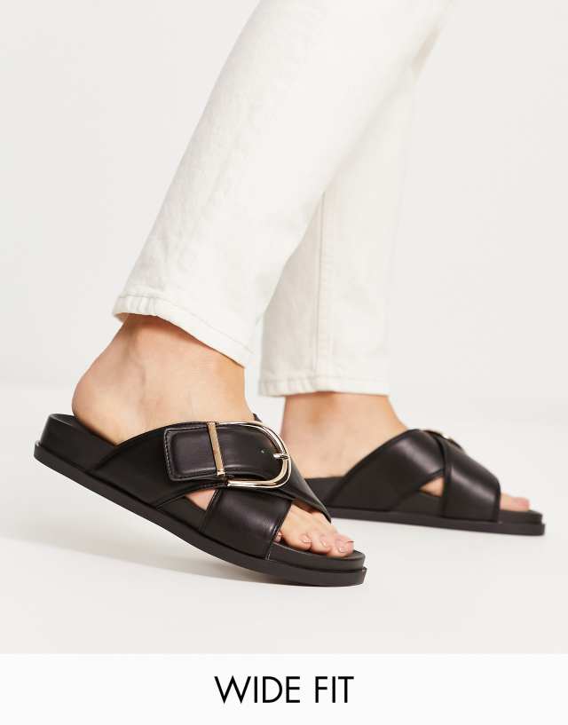 ASOS DESIGN Wide Fit Flash buckle cross-vamp flat sandals in black - BLACK