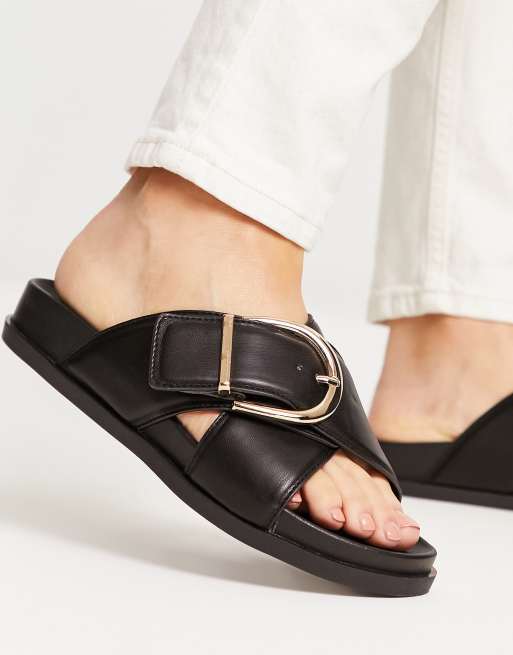 ASOS DESIGN Wide Fit Frenzy cross strap flat sandals with chain in black