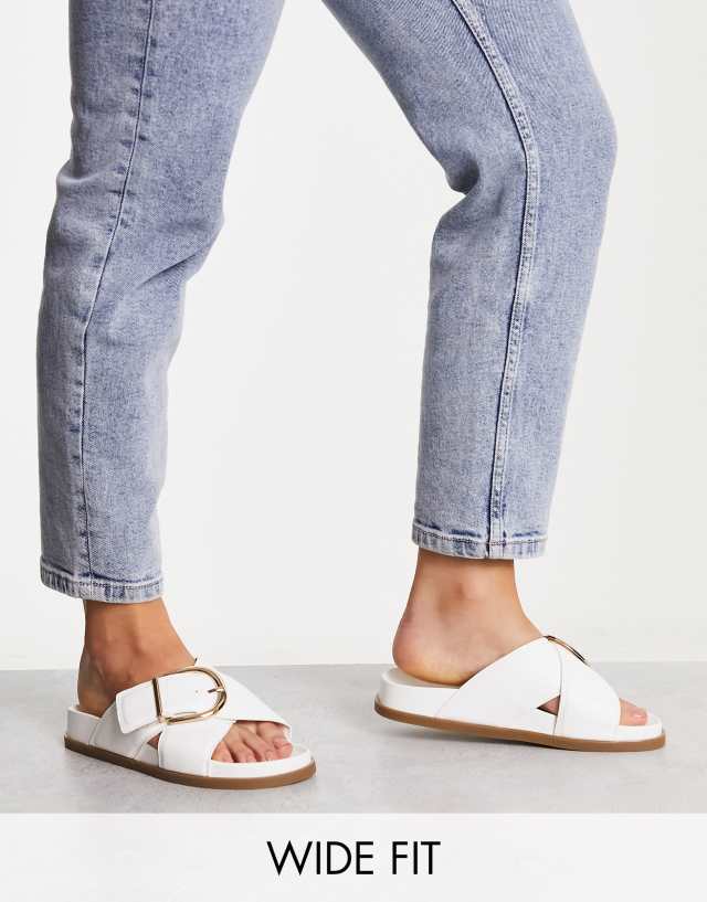 ASOS DESIGN Wide Fit Flash buckle cross-vamp flat sandals in white - WHITE