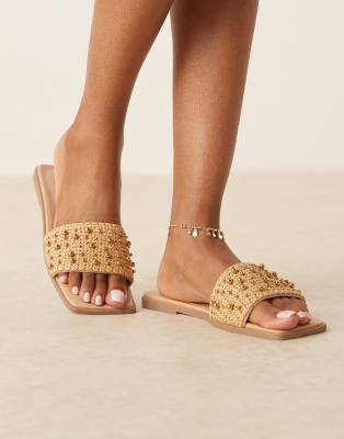 Wide Fit Flavia beaded espadrille flat sandals in natural/gold-Neutral