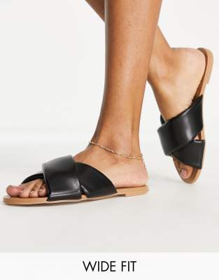 Asos Design Wide Fit Flock Padded Flat Mules In Black