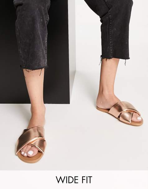 ASOS DESIGN Wide Fit Flock padded flat sandals in rose gold - view 1