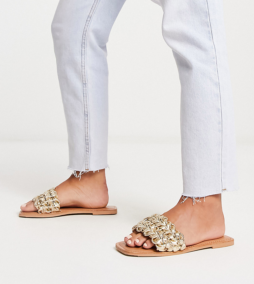 Asos Design Wide Fit Flora Woven Flat Sandals In Gold
