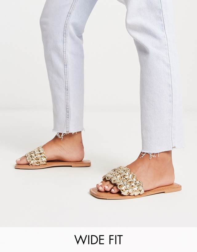 ASOS DESIGN Wide Fit Flora woven flat sandals in gold