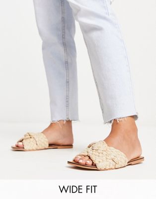 Asos Design Wide Fit Flossie Woven Flat Sandal In Natural-neutral
