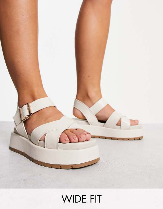 ASOS DESIGN Wide Fit Flurry square toe flat sandals in off-white - CREAM